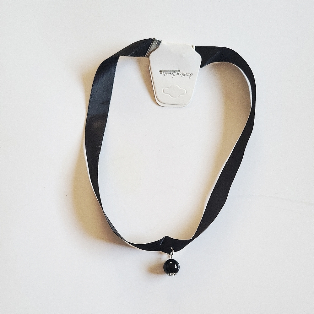 New Black Satin Ribbon Choker Necklace with Bead Pendant 90s Goth-Romantic Y2K
